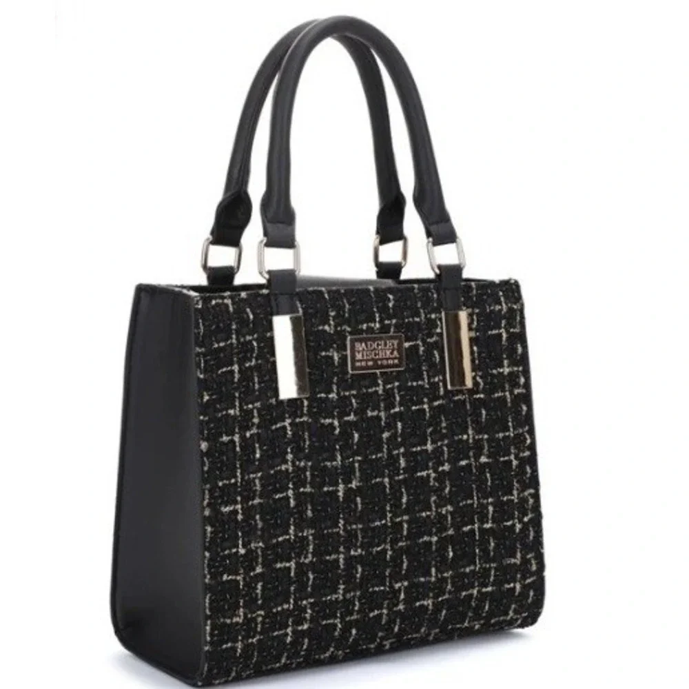 NWT Badgley Mischka New York The Tara Tweed Satchel Women Black Gold Handbag - Picture 3 of 9